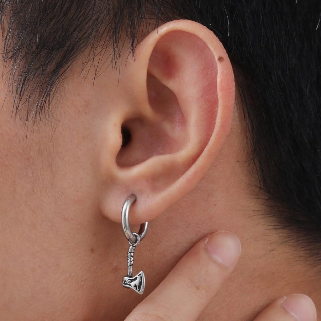 Viking Wolf Axe Hoop Earrings — Stainless Steel