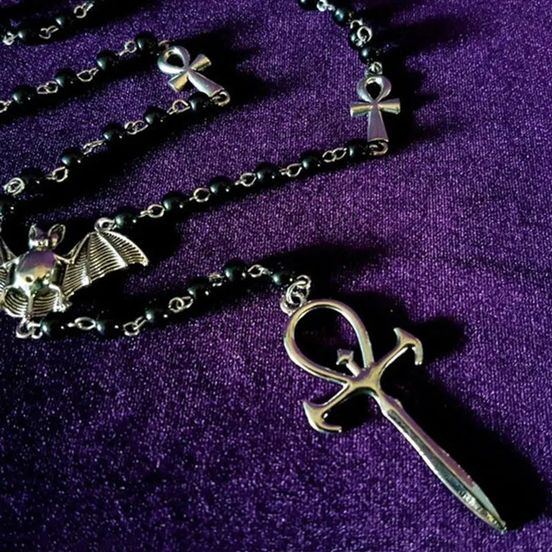 Emo Vampire Ankh Rosary Occult Vamp BeEmo Vampire Ankh Rosary Occult Vamp Bead Necklace Goth Punk Bat Cross Pendant