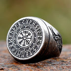 Viking Compass & Crow Rune Ring — Odin, Stainless Steel