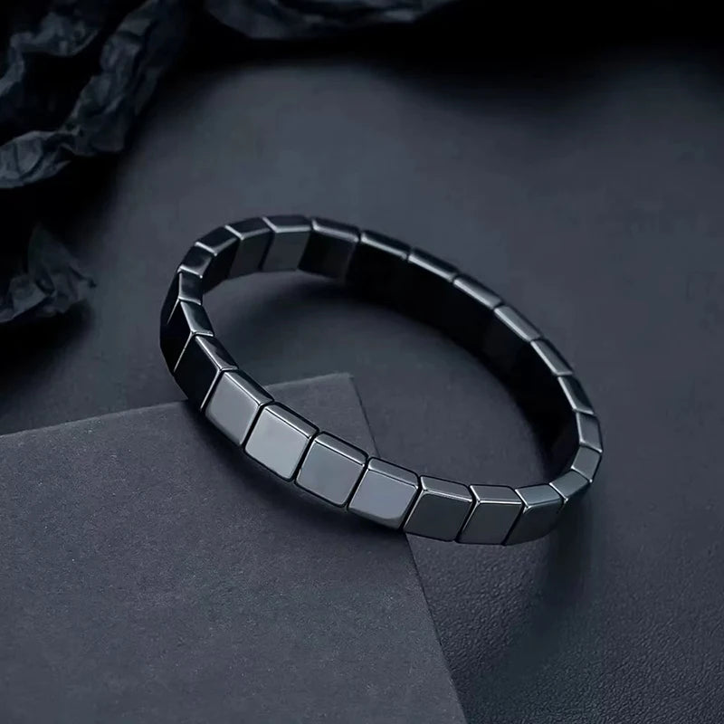 FTCY Hematitelack Black Gallstones Elastic Square Bead Bracelet For Men Hemios Hematite Bangles Restore Confidence Nhance Mental