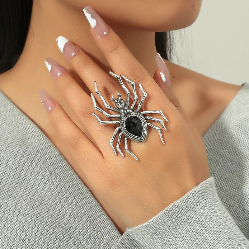 Gothic Spider Web Wide Open Ring Antique Silver — Zinc Alloy