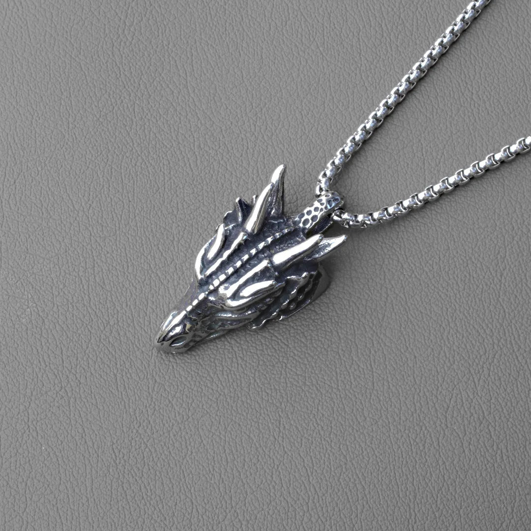 Silver Dragon Head Pendant Necklace Stainless Steel