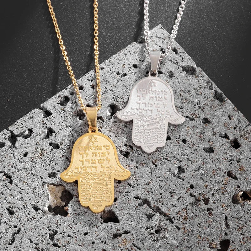 Hamsa Hands of Fatima Hebrew Pendant Stainless Steel Jerusalem Star of David Necklace Women's Jewish Jewelry
