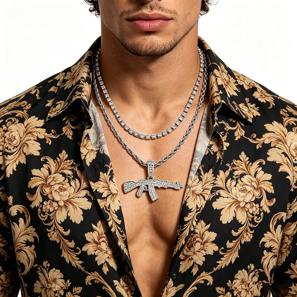 Iced Out Gun Pendant Necklace - Hip Hop Bling with Tennis & Rope Chains, Gold/Silver Plated for Men