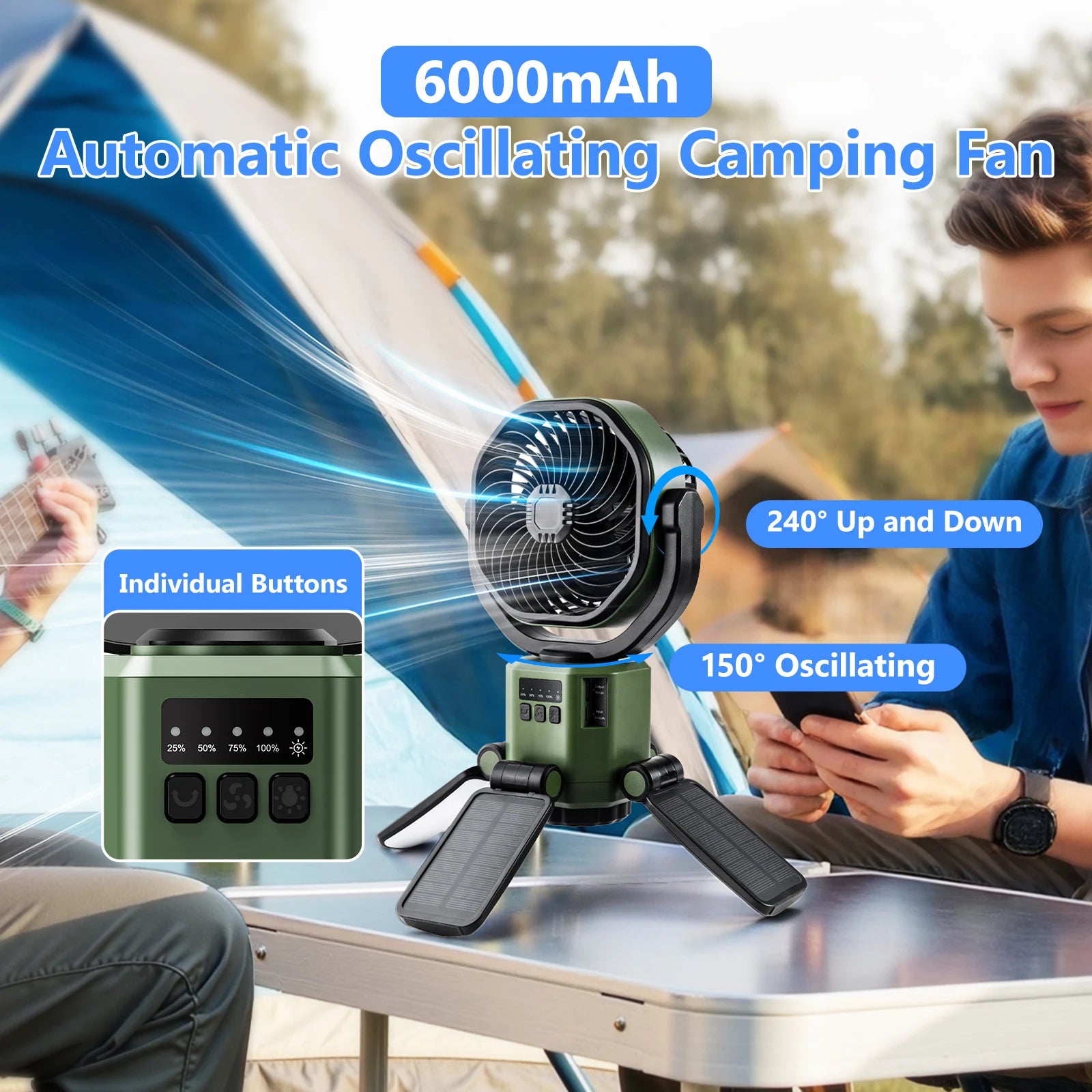 Eary Solar Powered Fan 6000mAh Battery Operated 4 Speed Wind With Led Light Outdoor Tent Fans for Camping Essentials