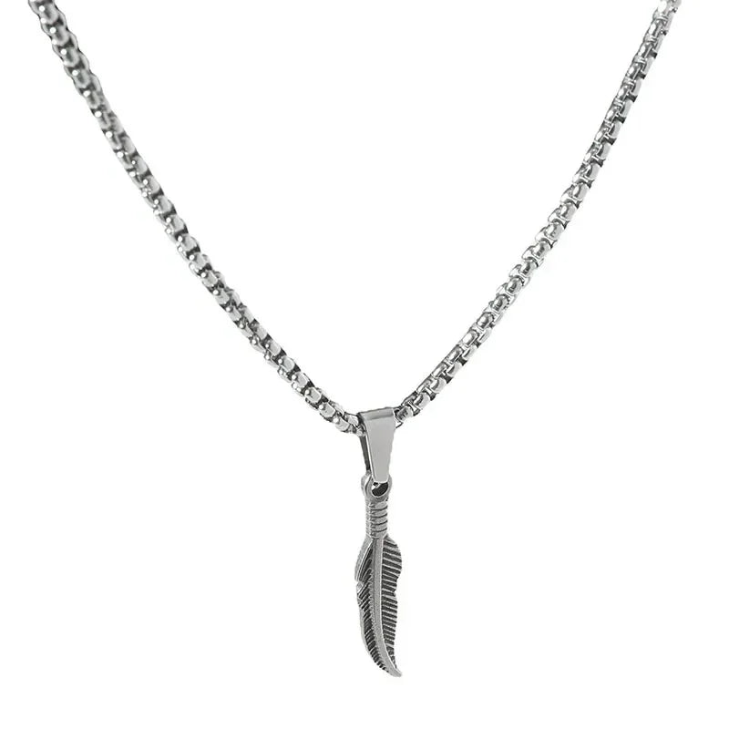 Long Feather Pendant Choker Necklace — Stainless Steel