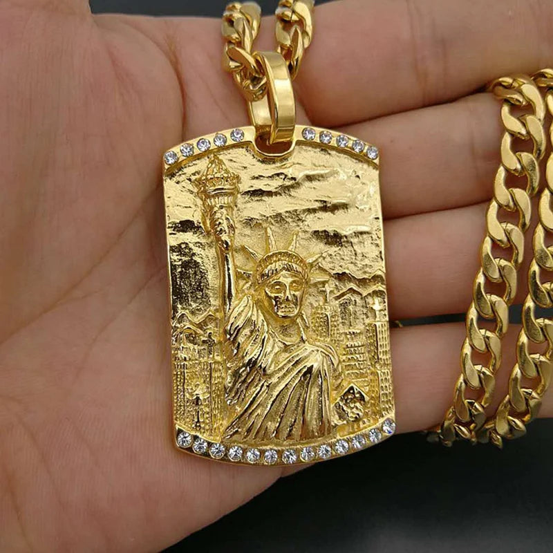 Iced Out Statue of Liberty Pendant — Cuban Chain, Stainless Steel