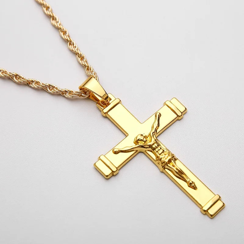 High quality 24K Gold Plated Jesus Christ Cross Pendant Hip hop Rap Golden Crucifixio Cuban Chain Necklace Men Jewelry