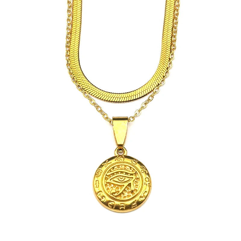 Stainless Steel Egyptian Eyes Hieroglyph Chain Necklace for Women Men Gold Color Eye of Ra Horus Symbol Pendant Necklace Jewelry