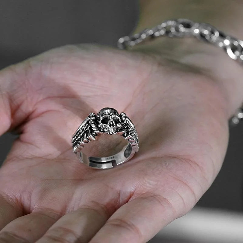 Wings Skull Head Open Ring — Stainless Steel