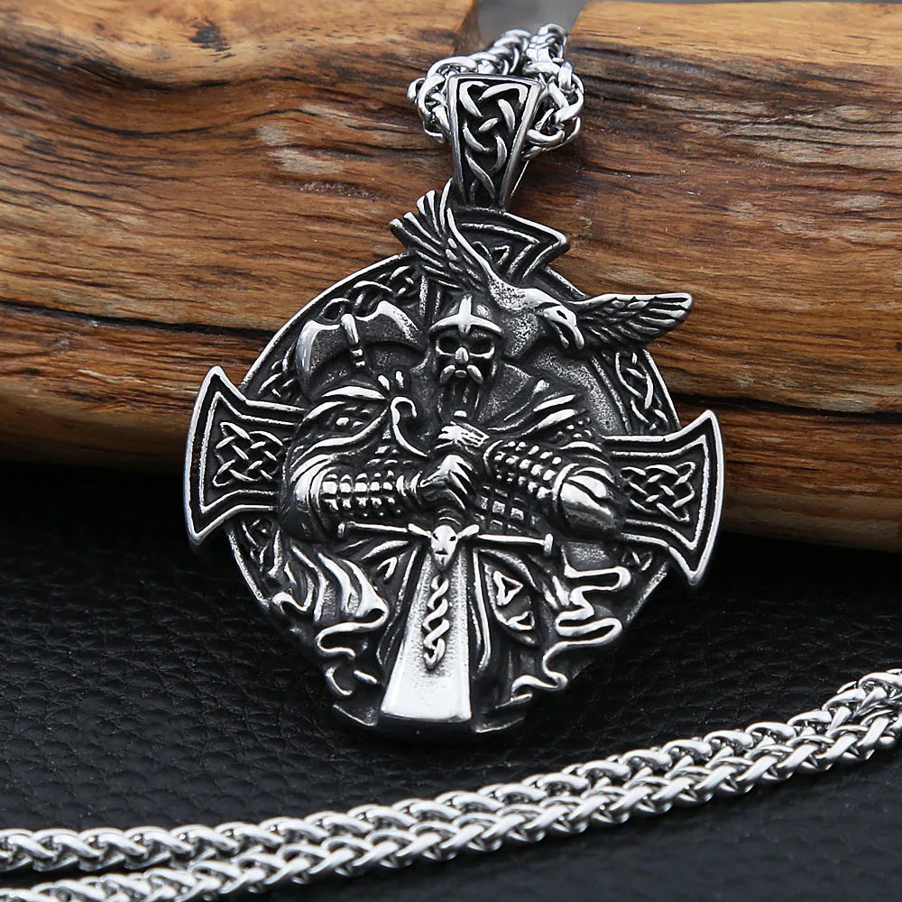Vintage Viking Warrior Odin Necklace Men Nordic Stainless Steel Cross Trinity Pendant Necklace Gothic Skull Chain