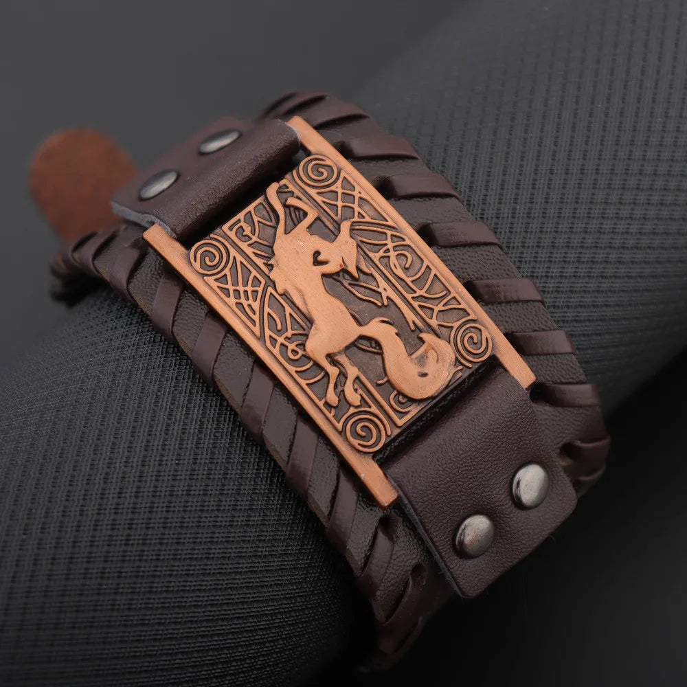 Nordic Viking Symbol Fox Pattern Bracelet Men's New Fashion Metal Leather Woven Jewelry Animal Accessories Party Gift