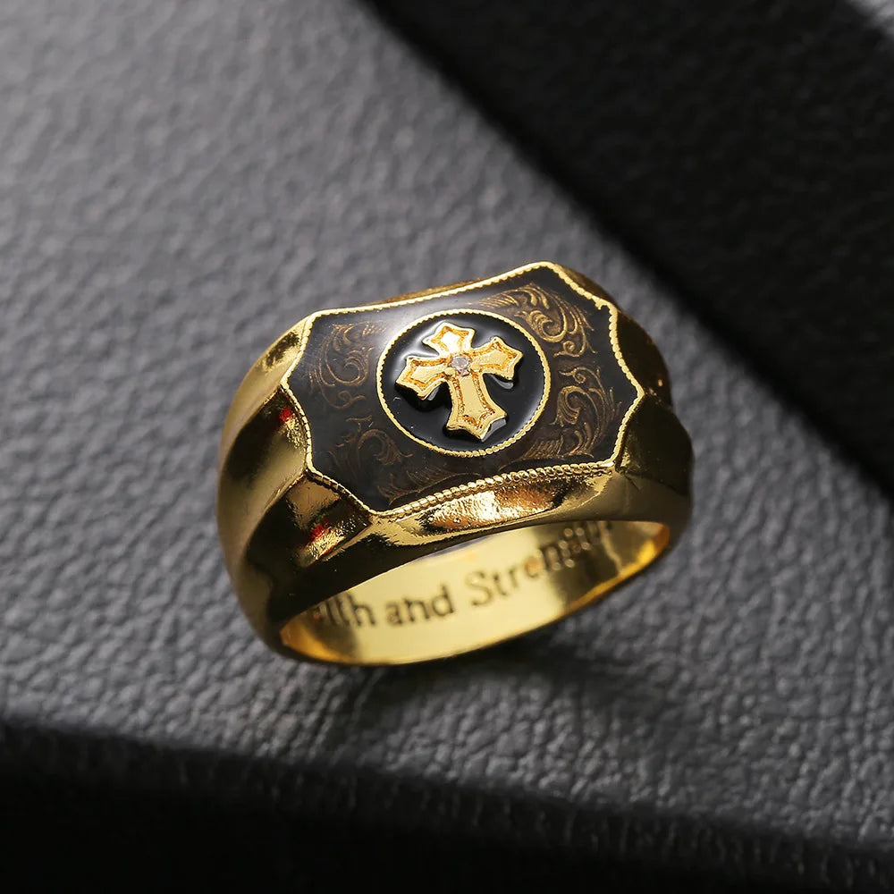 Men's Black Cross Ring — Gold-Tone