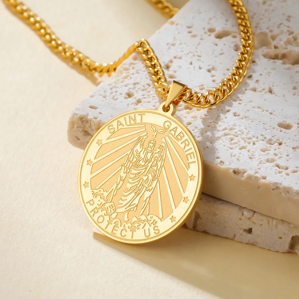 Dawapara Archangel Gabriel Pendant Necklace Double Side Carved Spiritual Protection Amulet Stainless Steel Jewelry