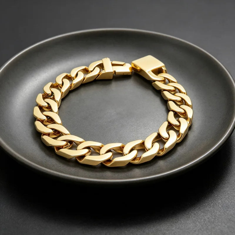Gold Cuban Curb Link Chain Bangle Bracelet — Stainless Steel