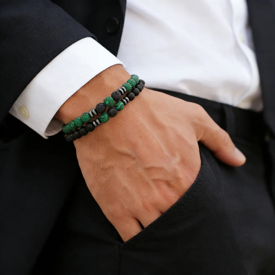 10 Styles 2Pcs Men Bracelet Set 8mm Tiger Eyes Malachite Obsidian Hematite Stone Positive Energy Healing Strand Braslet Homme