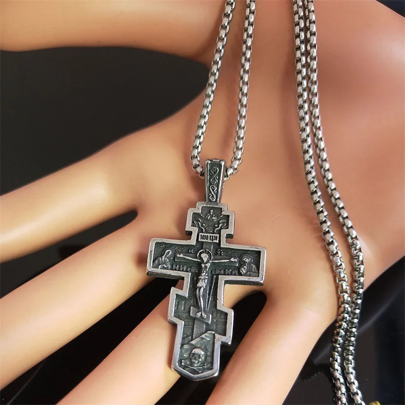 Orthodox Icon Cross Pendant Necklace — Stainless Steel