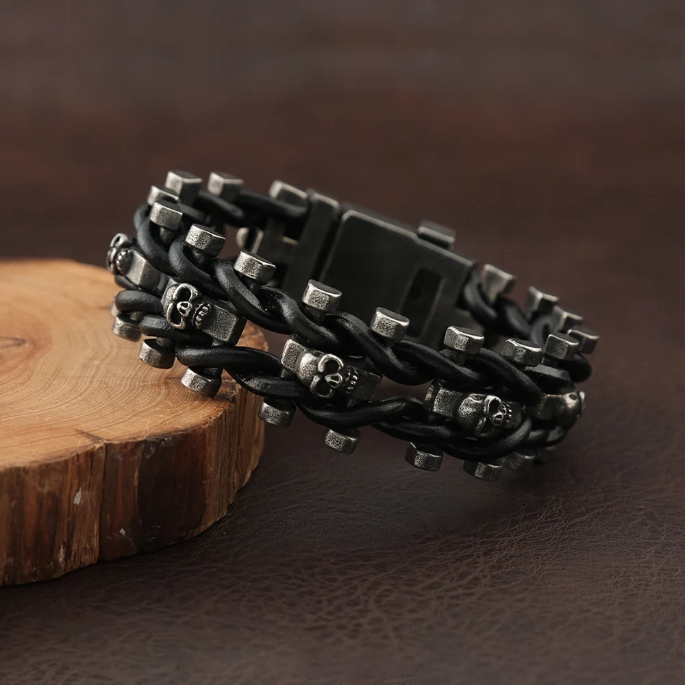Skull Leather Bracelet Black — 316L Stainless Steel