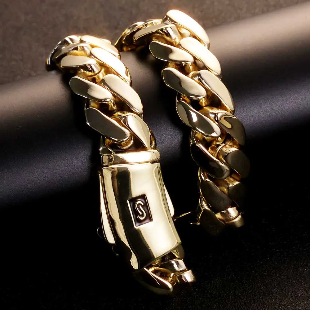 Gold Cuban Bracelet 20MM Monaco Smooth Lock