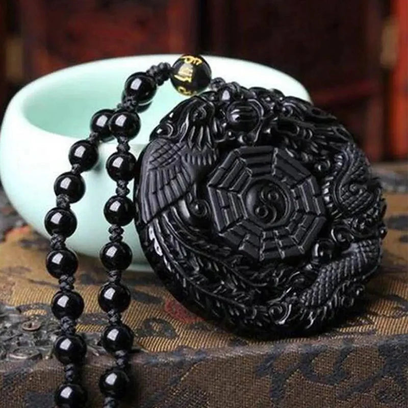 Natural Black Obsidian Hand Carved Chinese Dragon Phoenix Bird Amulet BaGua Necklace For Women Men Luck Mascot Amulet Pendant