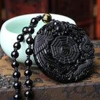 Natural Black Obsidian Hand Carved Chinese Dragon Phoenix Bird Amulet BaGua Necklace For Women Men Luck Mascot Amulet Pendant