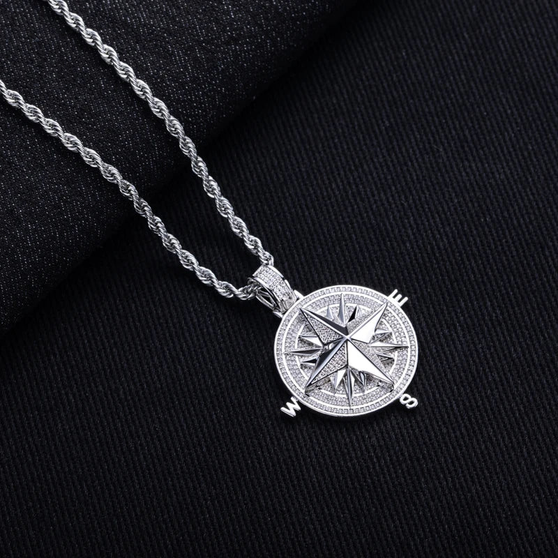 Iced Out Compass Pendant — 14K Gold