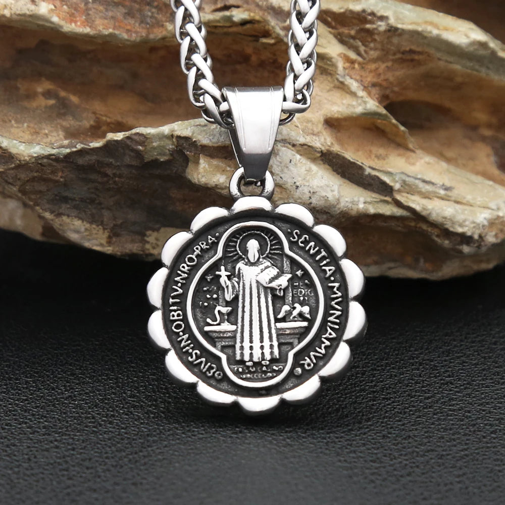 Cross Saint Benedict Steel Pendant Vintage Catholic