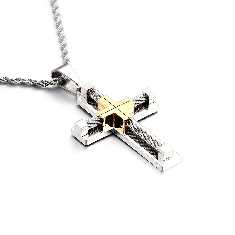 Fongten Stainless Steel Pendant Necklace for Men Multiple Color Cable Cross Twisted Link Chain Male Neck Christian