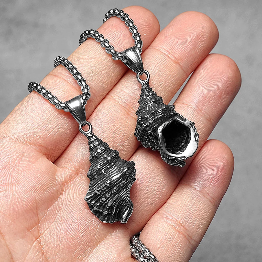 Vintage Conch Shell Pendant Necklace — Stainless Steel