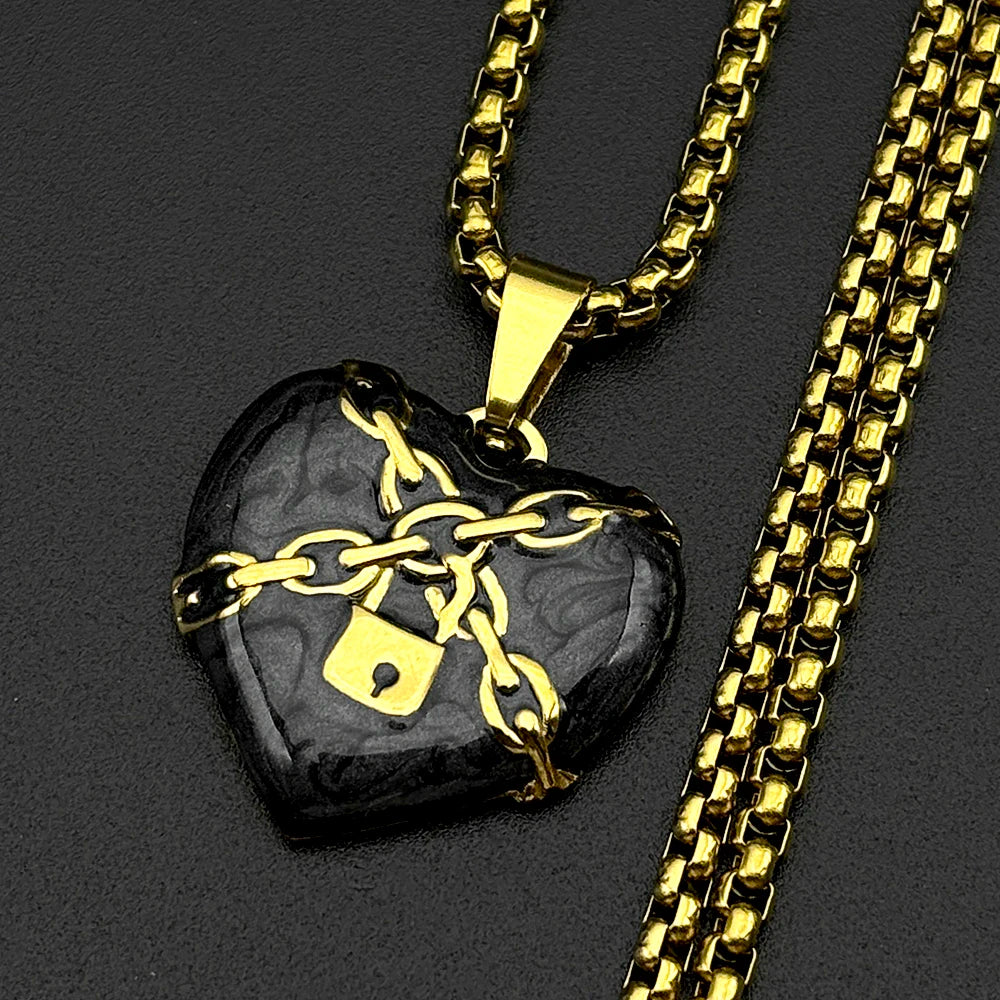 Punk Rock Lock Heart Pendant Necklace For Men Stainless Steel Cool Hip Hop Street Vintage Goth Accessories Trendy Chain Jewelry