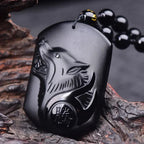 Obsidian Gossip Pendant Necklace Carving Dragon and Phoenix Shape Lucky Amulet Jewelry Six-Character Mantra Pearl