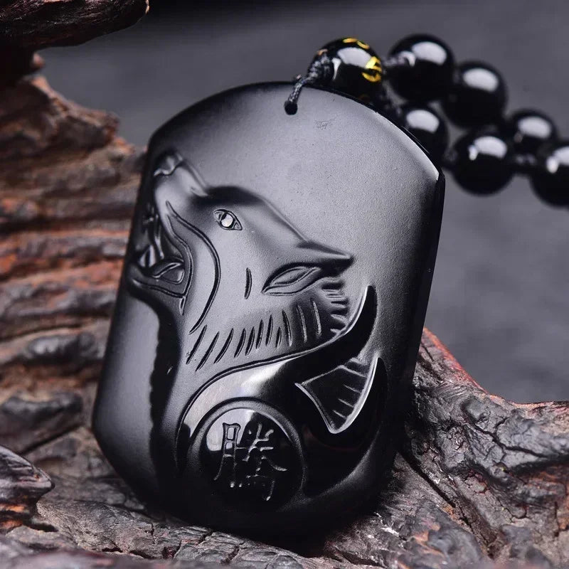 Obsidian Gossip Pendant Necklace Carving Dragon and Phoenix Shape Lucky Amulet Jewelry Six-Character Mantra Pearl