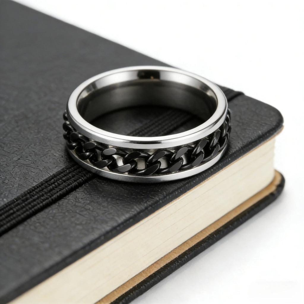 Rotatable Chain Spinner Fidget Ring Black Gold — Stainless Steel
