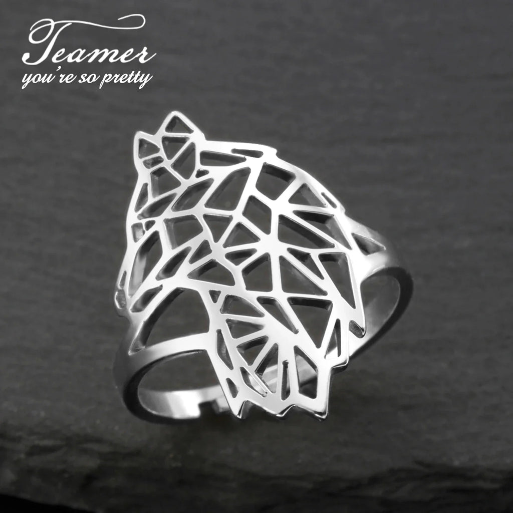 Teamer Hollow Cute Wolf Stainless Steel Ring for Women Men Open Wide Vintage Geometric Animal Finger Ring Jewelry Gift Wholesale