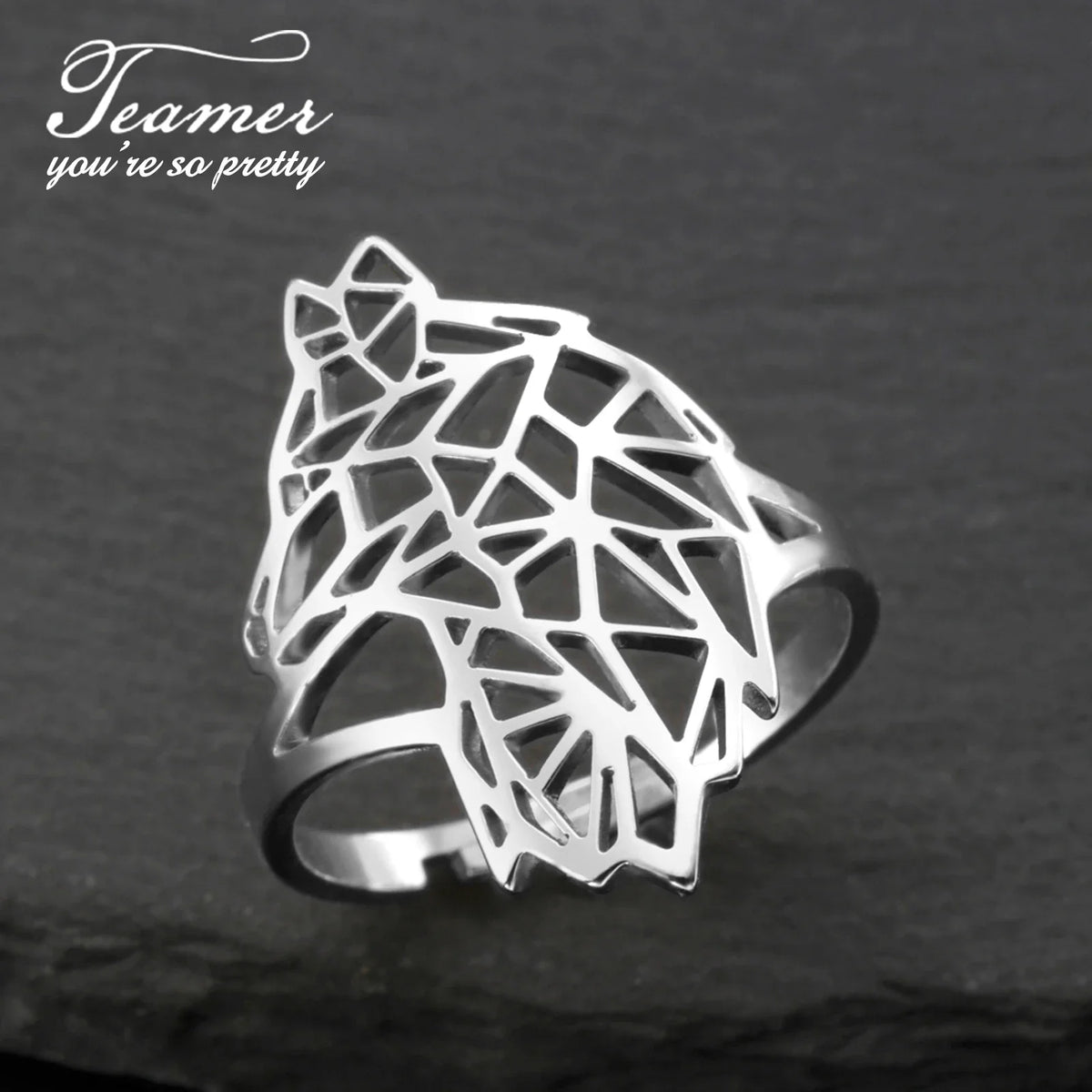 Teamer Hollow Cute Wolf Stainless Steel Ring for Women Men Open Wide Vintage Geometric Animal Finger Ring Jewelry Gift Wholesale