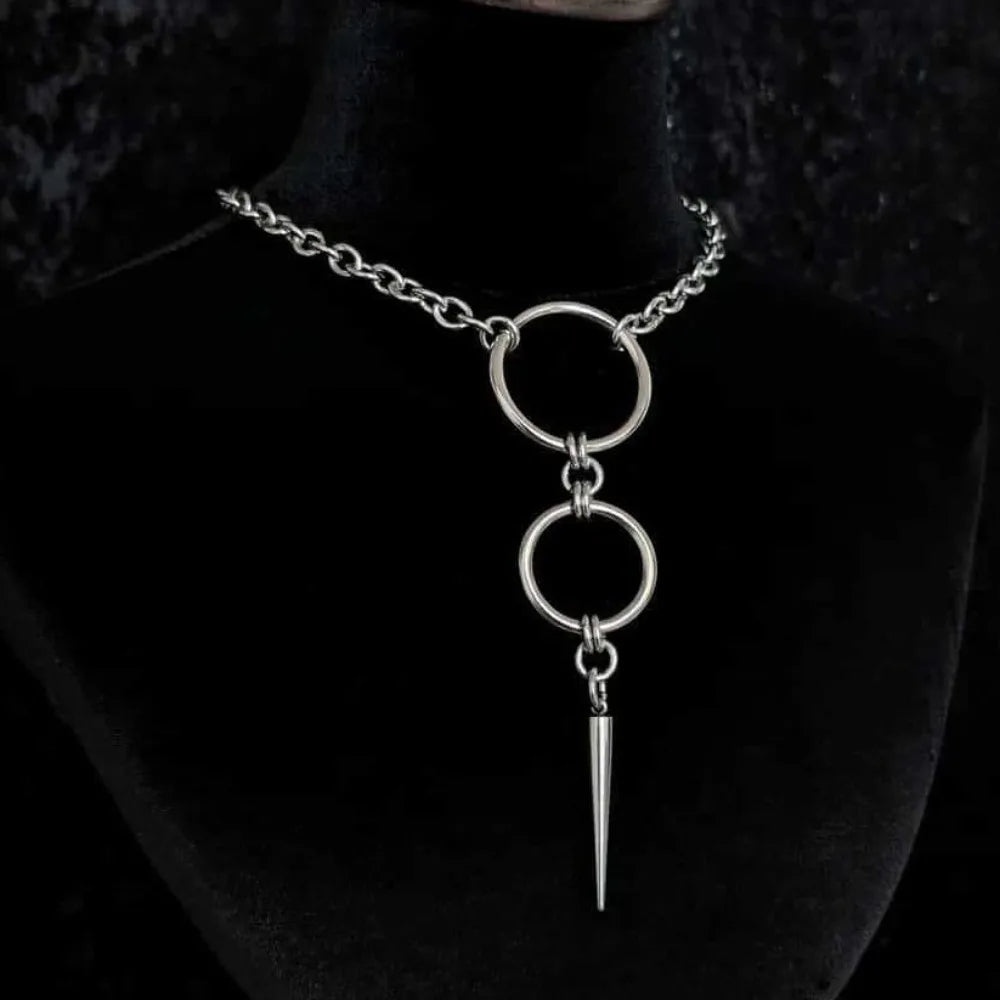 Punk Personality Silver Color Stainless Steel Circular Ring Long Rivet Pendant Choker Necklace for Men Women Jewelry