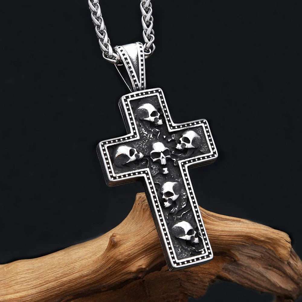 Unisex Multi Skull Cross Stainless Steel Pendant Necklace Gothic Dark Religious Skeleton Totem Jewelry Daily Punk Fashion Gift