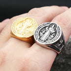 Cross Saint Benedict Steel Ring Vintage 316L Religious