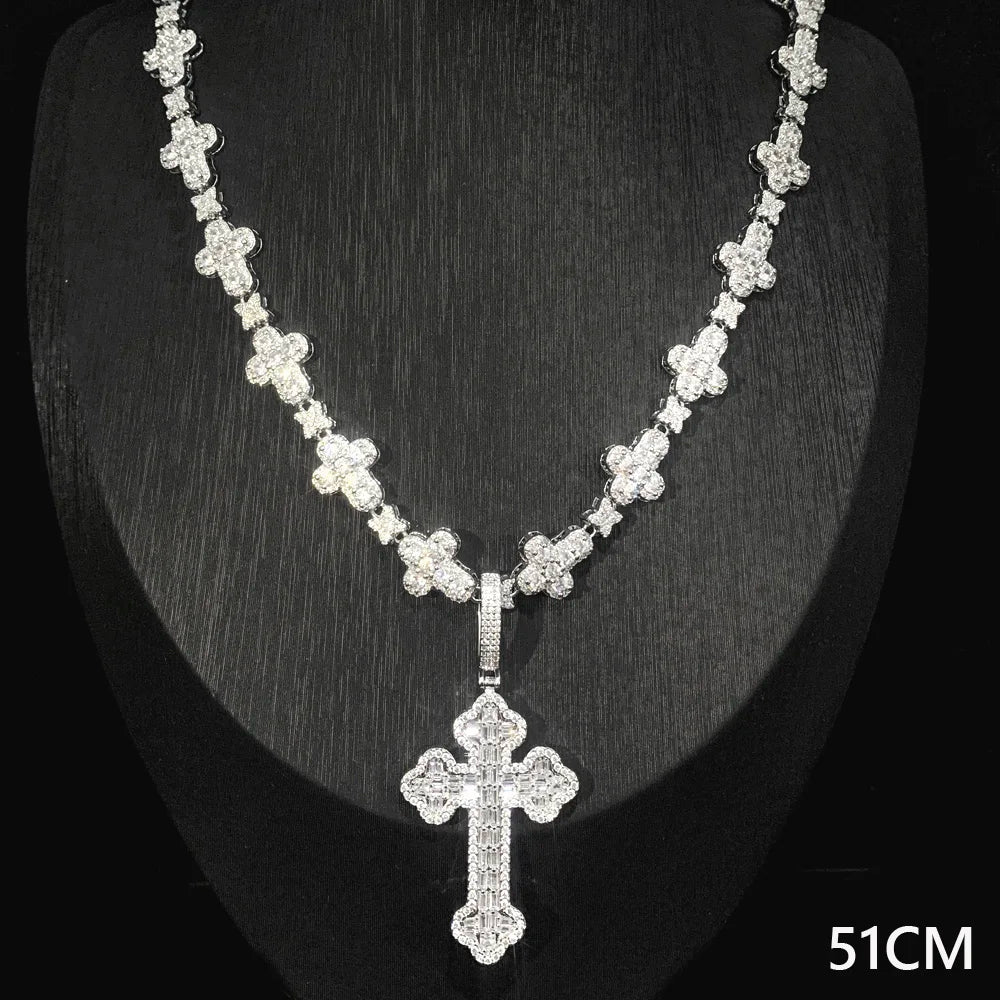 Iced Out Infinity Cross Necklace for Men Women Silver Color Prong Setting Cubic Zirconia Charm Star Link Chain Hip Hop