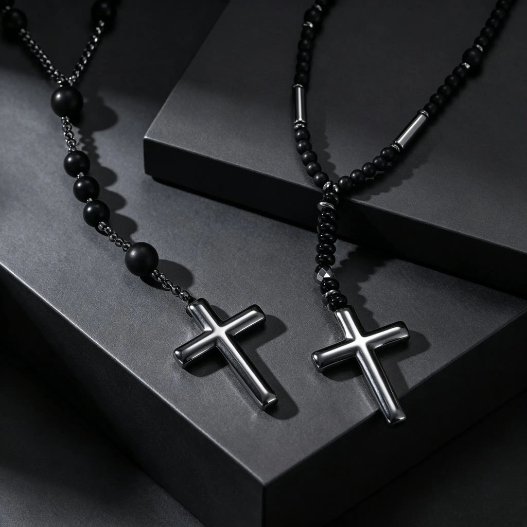 Retro Natural Stone Black Hematite Beaded Necklace Cross Pendant Beads Chain Long Necklace for Men Stylish Religious Jewelry