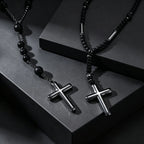 Retro Natural Stone Black Hematite Beaded Necklace Cross Pendant Beads Chain Long Necklace for Men Stylish Religious Jewelry