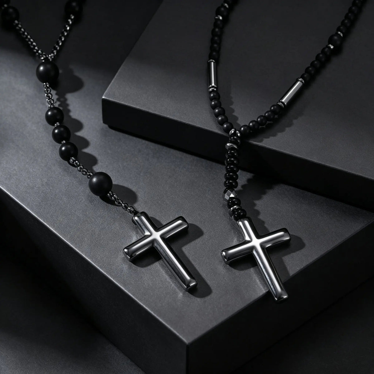 Retro Natural Stone Black Hematite Beaded Necklace Cross Pendant Beads Chain Long Necklace for Men Stylish Religious Jewelry