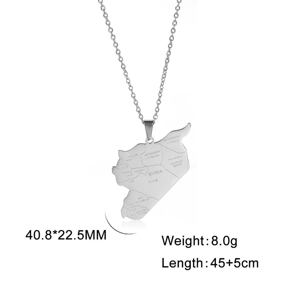 Cazador Stainless Steel Syria Map Pendant Necklace Country City Geography Chain Necklaces for Women Men Jewelry Gift Wholesale