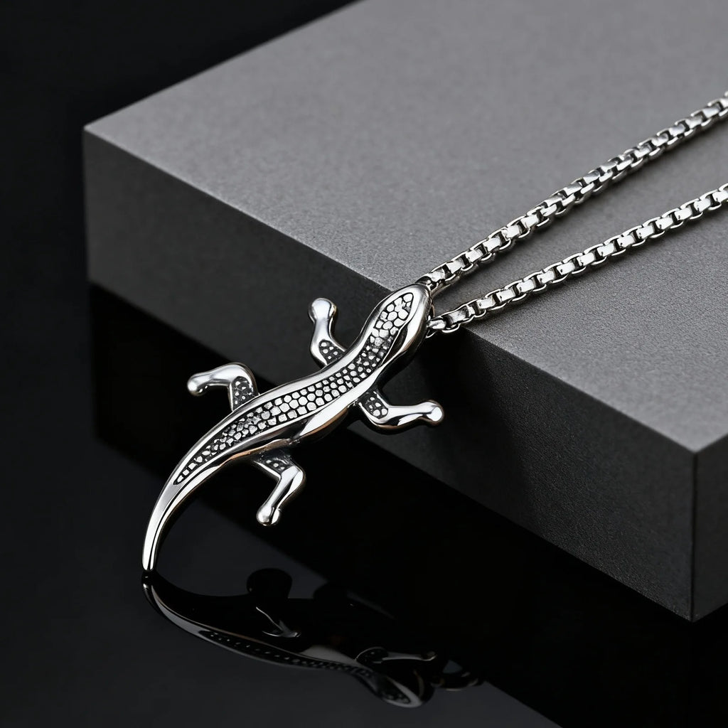 Unique Gecko Lizard Pendant Necklace for Men Male, Stainless Steel Hip Hop Animal Necklace, Fashion Jewelry Creativity Gift