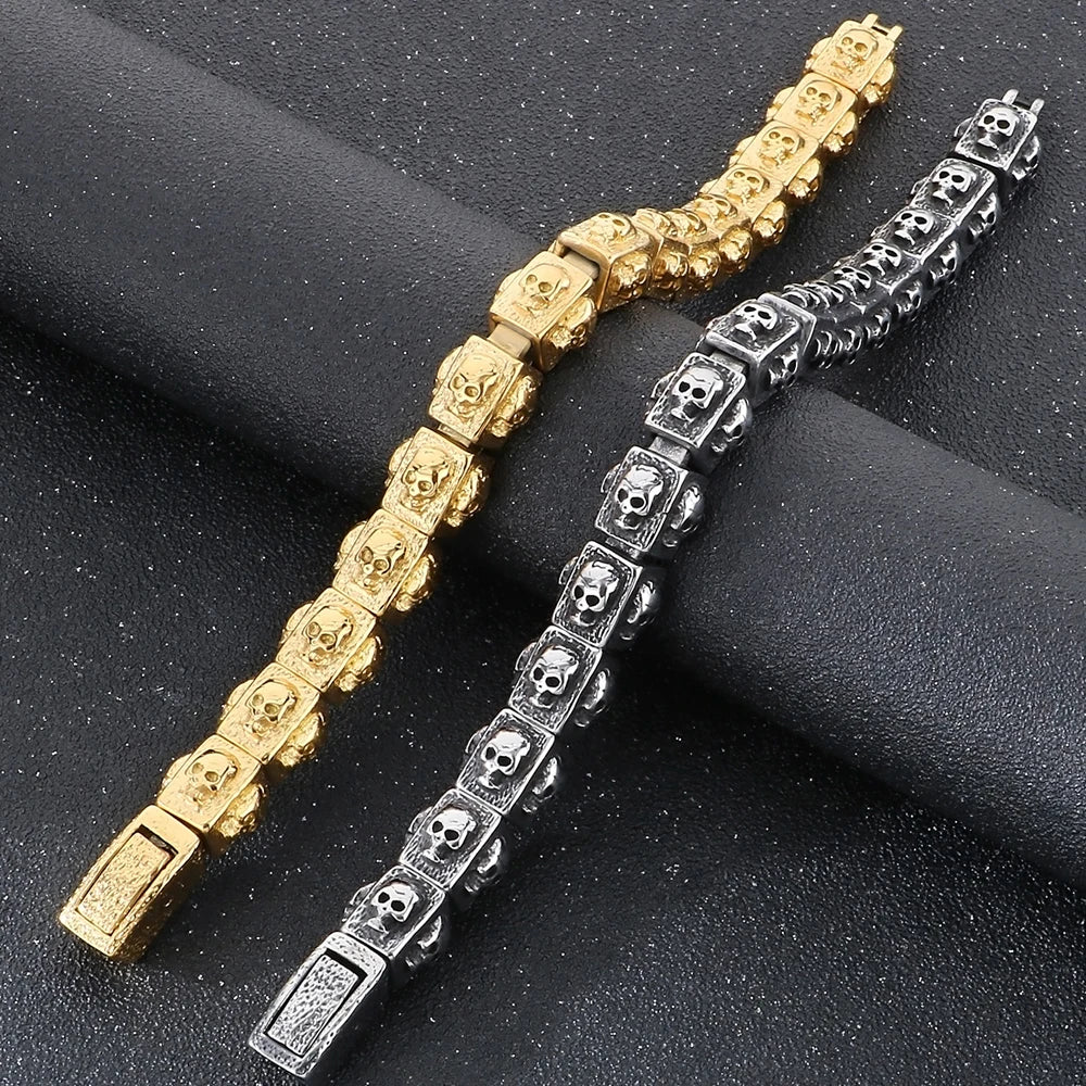 Vintage Solid Stainless Steel Bracelet for Man Men's Skeleton Jewelry Accessories 14MM Width Skull Face Head Chain