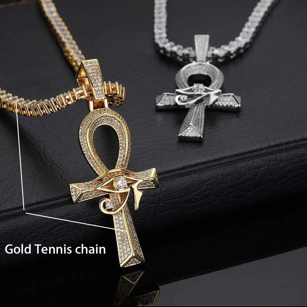 Gold Cross Ankh Pendant Necklace Iced Out 18K