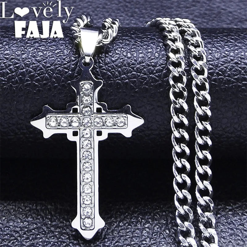 Gothic Cross Silver Pendant Christian Rhinestone