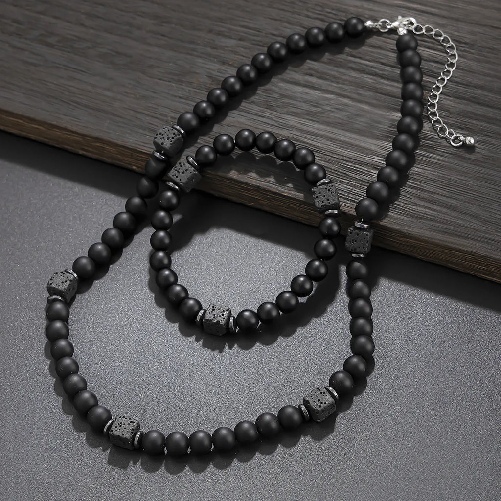 8mm Matte Black Stone Necklace for Men Jewelry Natural Onyx Square Lava Beads Necklaces Fashion Rosary Jewelry