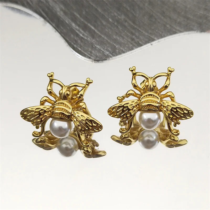Gold Bee Pearl Stud Earrings — Stainless Steel