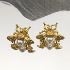 Gold Bee Pearl Stud Earrings — Stainless Steel